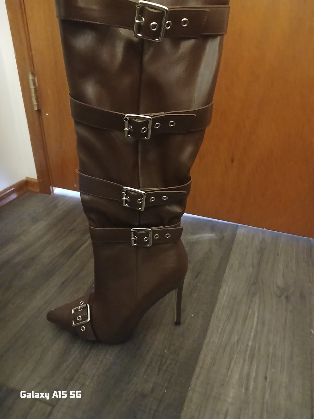 Women's Brown Knee-High Buckle Stiletto Boots